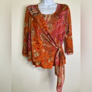 Vintage Y2K Fairy Grunge Faux Wrap Top Sz M Sheer Bell Sleeve Orange Brown Boho
